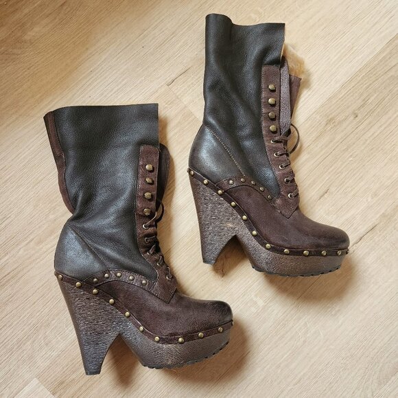 Sam Edelman Winsford Lace Up Chunky Studded Clog Shealing Leather Heeled Boots - Picture 2 of 12